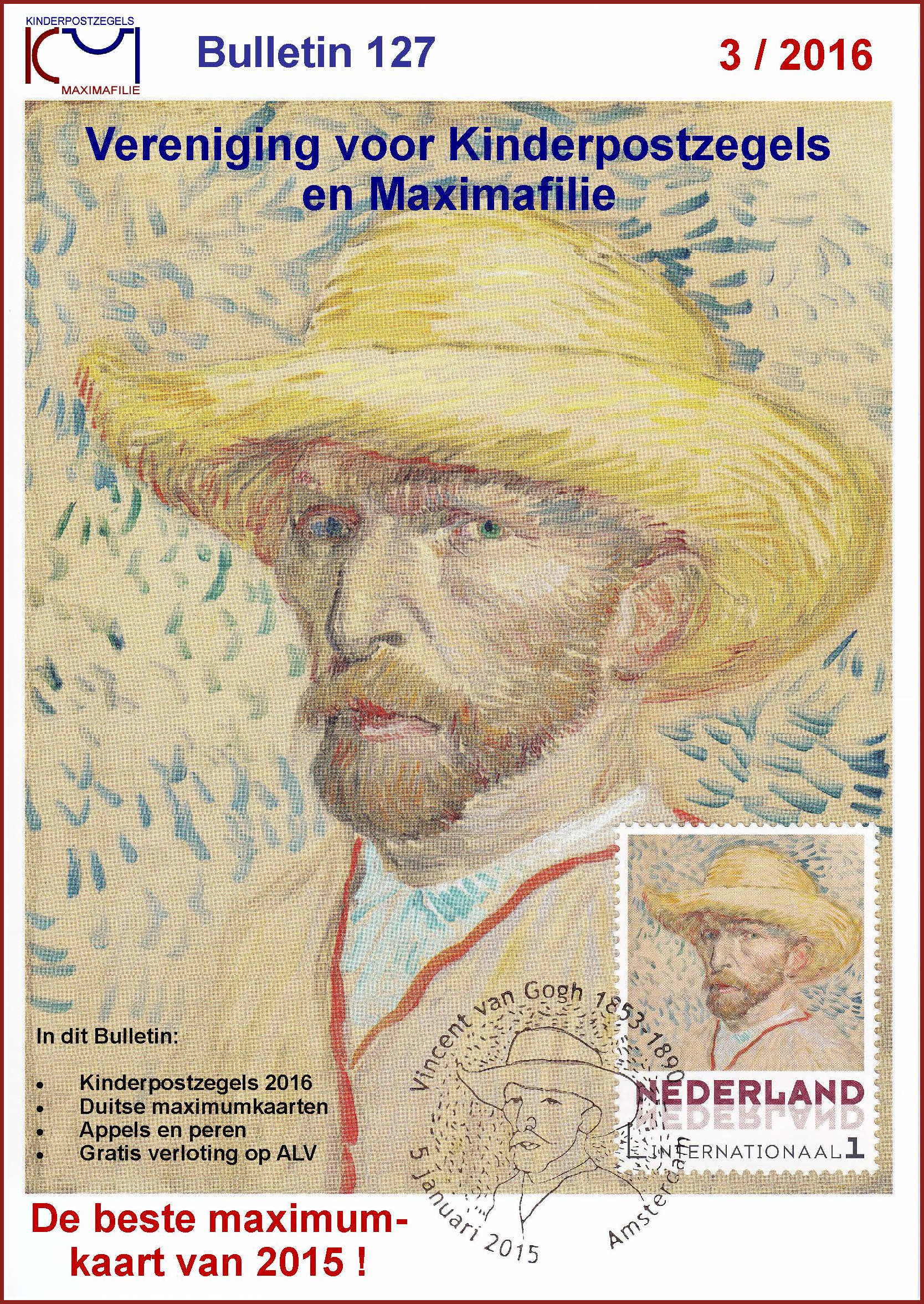 Vereniging voor Kinderpostzegels en Maximafilie Bulletin 127 Voorzijde 
                     	  Vincent van Gogh Best Maximumkaart 2015 Ronald Leeden Philaromax